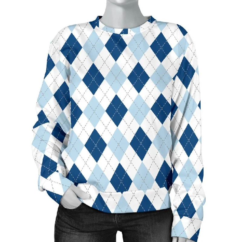 Argyle Blue Pattern Print Women's Sweatshirt Hoodie with Embroidery Detailed Premium