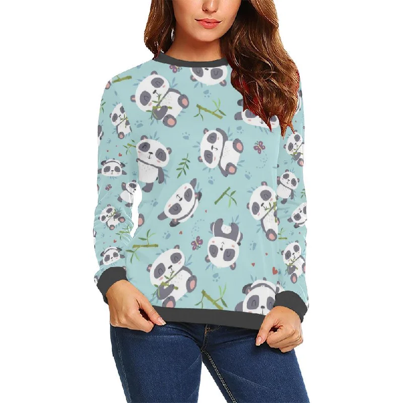 Bamboo Mint Panda Pattern Print Women's Sweatshirt Hoodie with Hem Fringe Bohemian Relaxed