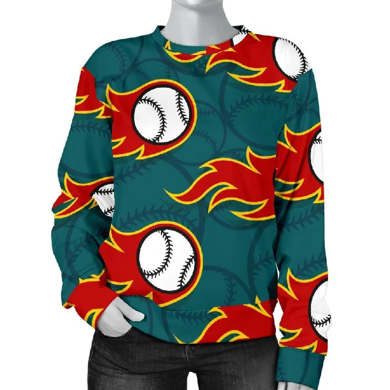 Baseball Fire Pattern Print Women's Sweatshirt Hoodie with Hem Raw Edge Edgy Unfinished