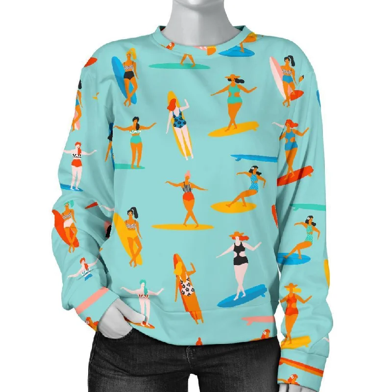 Beach Surfing Pattern Print Women's Sweatshirt Hoodie with Longline Fit Extended Stylish