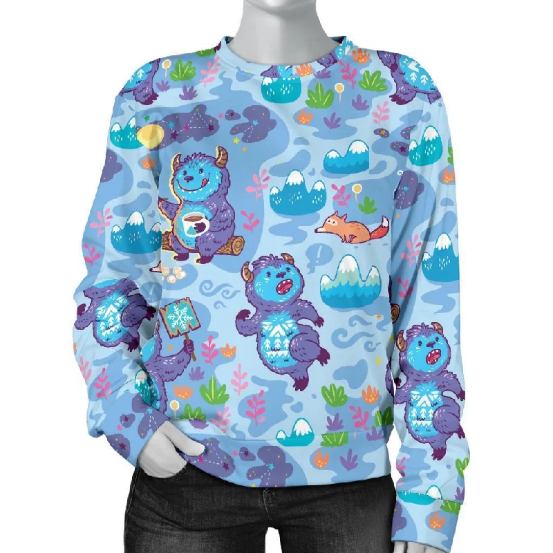 Bigfoot Blue Pattern Print Women's Sweatshirt Hoodie with Zipper Placket Modern Functional