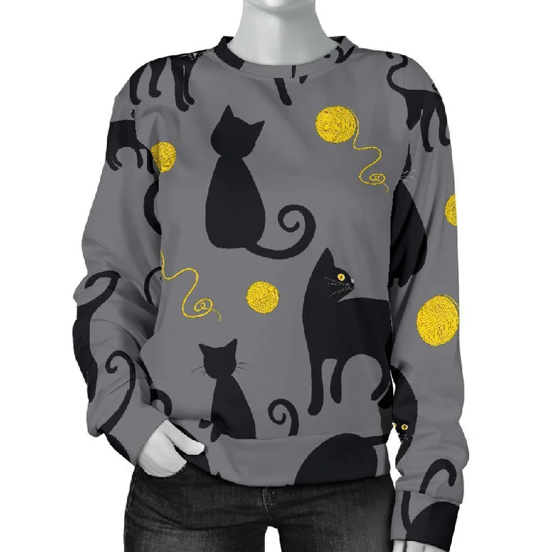 Black Cat Knit Pattern Print Women's Sweatshirt Hoodie with Thumb Holes Functional Cozy