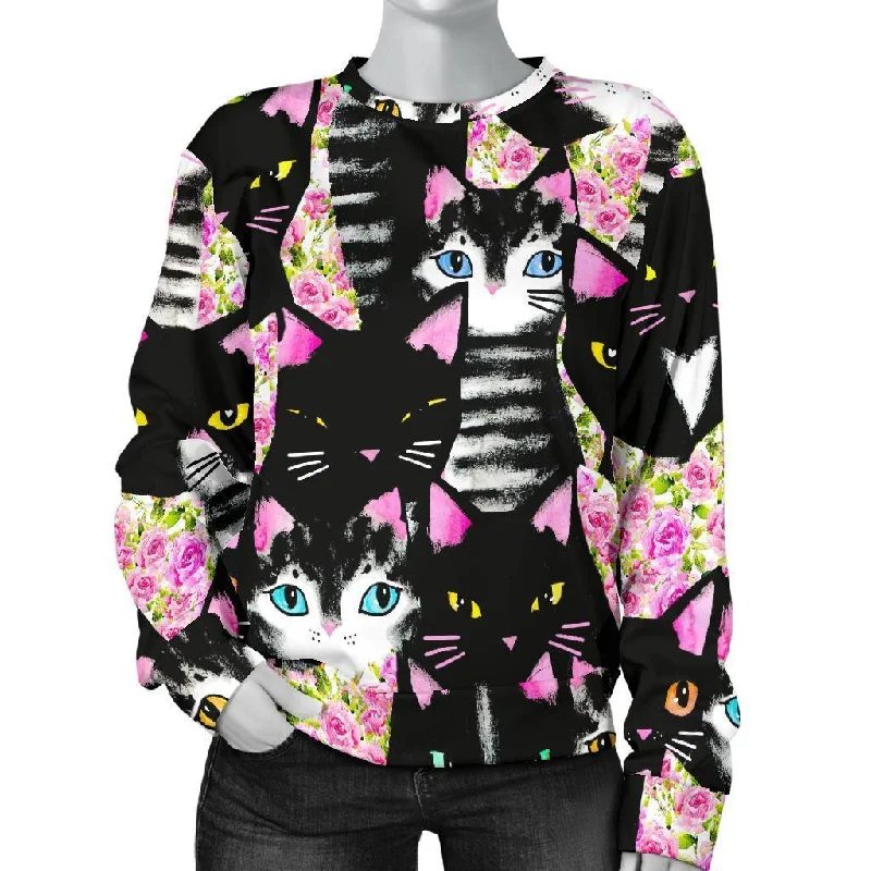 Black Cat Pattern Print Women's Sweatshirt Cotton Hoodie Fleece Lining Warmth