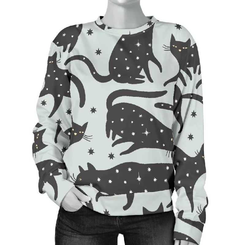 Black Cat Print Pattern Women's Sweatshirt Hoodie with Ribbed Cuffs Snug Fit Comfort