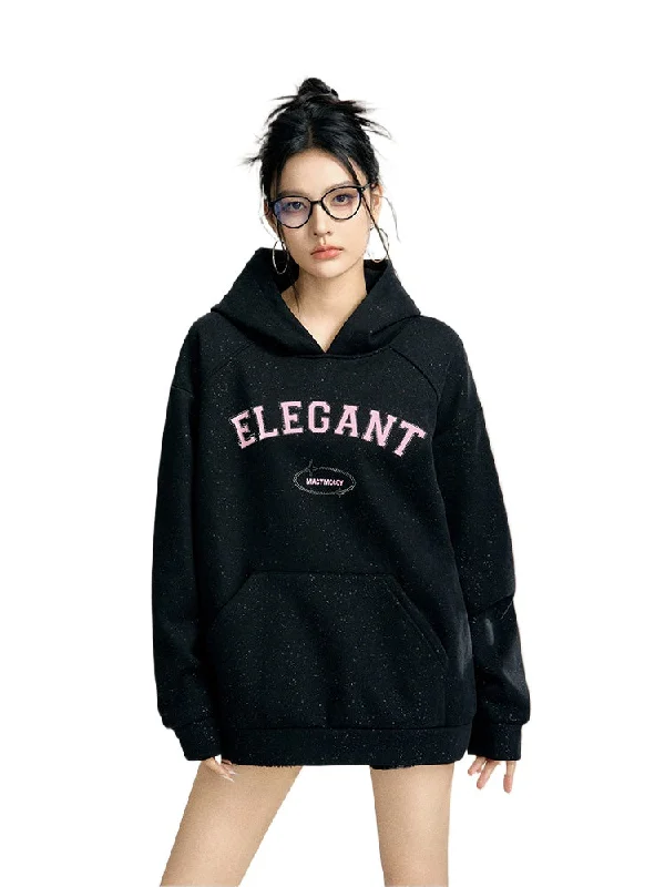 Black & Gray Sequined Fleece-lined Hoodie Hoodie with Button Classic Timeless