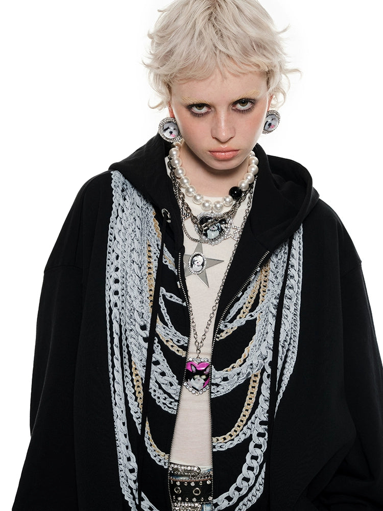 Black & White Oversized Chain Print Hoodie Cardigan Hoodie with Set-In Sleeves Structured Classic