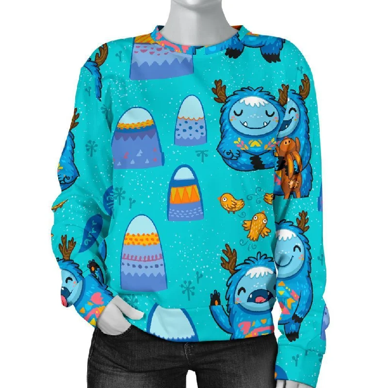 Blue Bigfoot Pattern Print Women's Sweatshirt Hoodie with Hem Fringe Bohemian Relaxed
