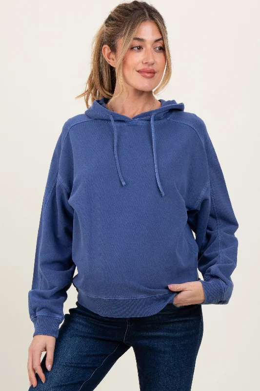 Blue French Terry Hooded Maternity Sweatshirt Hoodie with Toggle Buttons Decorative Unique