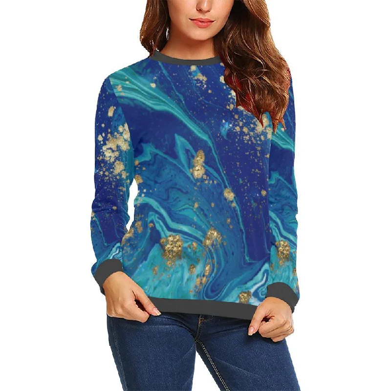 Blue Marble Pattern Print Women's Sweatshirt Hoodie Crop Top Short Trendy