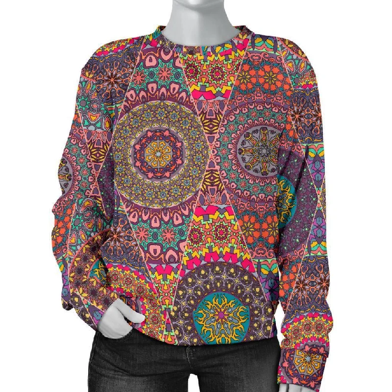 Bohemian Patchwork Pattern Print Women's Sweatshirt Hoodie with Embroidery Detailed Premium