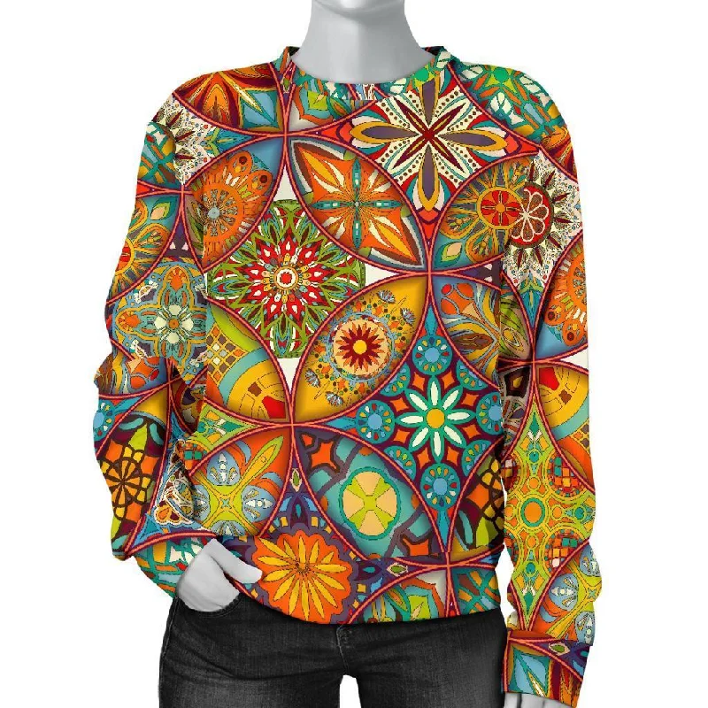Bohemian Patchwork Print Pattern Women's Sweatshirt Hoodie with Velcro Closure Adjustable Secure