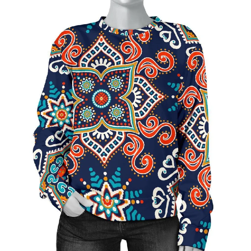 Bohemian Pattern Print Women's Sweatshirt Hoodie with Tied Waist Feminine Flattering