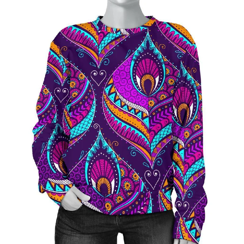 Bohemian Purple Pattern Print Women's Sweatshirt Hoodie with Front Slit Layering Stylish