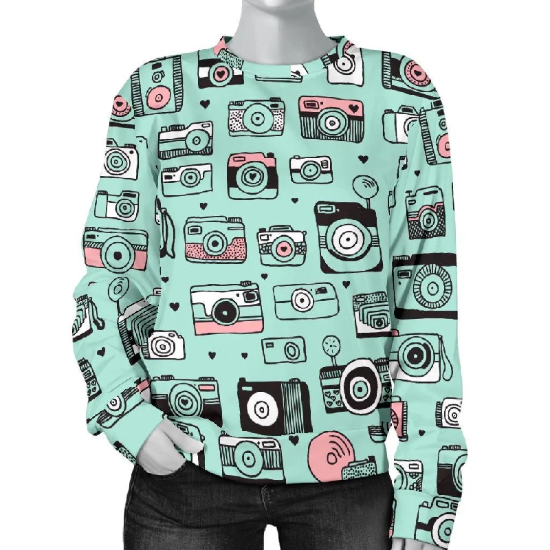 Camera Pastel Pattern Print Women's Sweatshirt Hoodie with Front Slit Layering Stylish