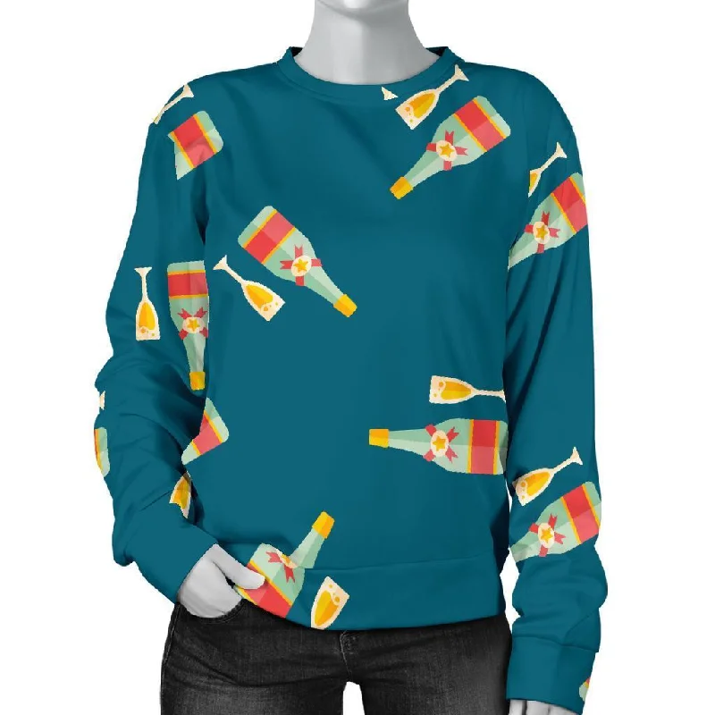Champagne Print Pattern Women's Sweatshirt Hoodie with Metallic Shiny Futuristic