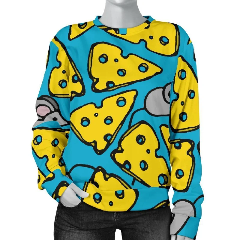 Cheese Mouse Pattern Print Women's Sweatshirt Hoodie with Hem Embroidery Detailed Premium