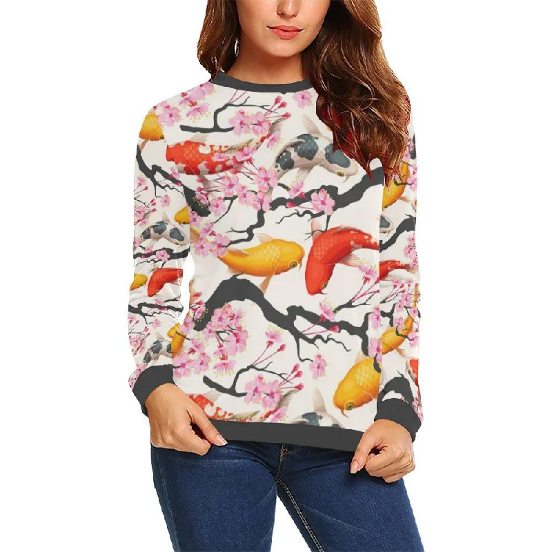 Cherry Blossom Koi Fish Pattern Print Women's Sweatshirt Hoodie with Puffed Sleeves Voluminous Trendy