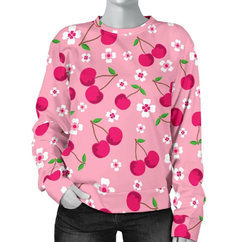Cherry Floral Pattern Print Women's Sweatshirt Hoodie with Slit Hem Functional Movement