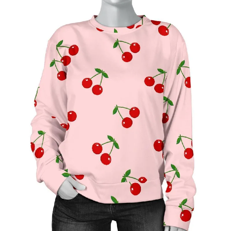Cherry Pink Pattern Print Women's Sweatshirt Hoodie with Emblem Brand Identity