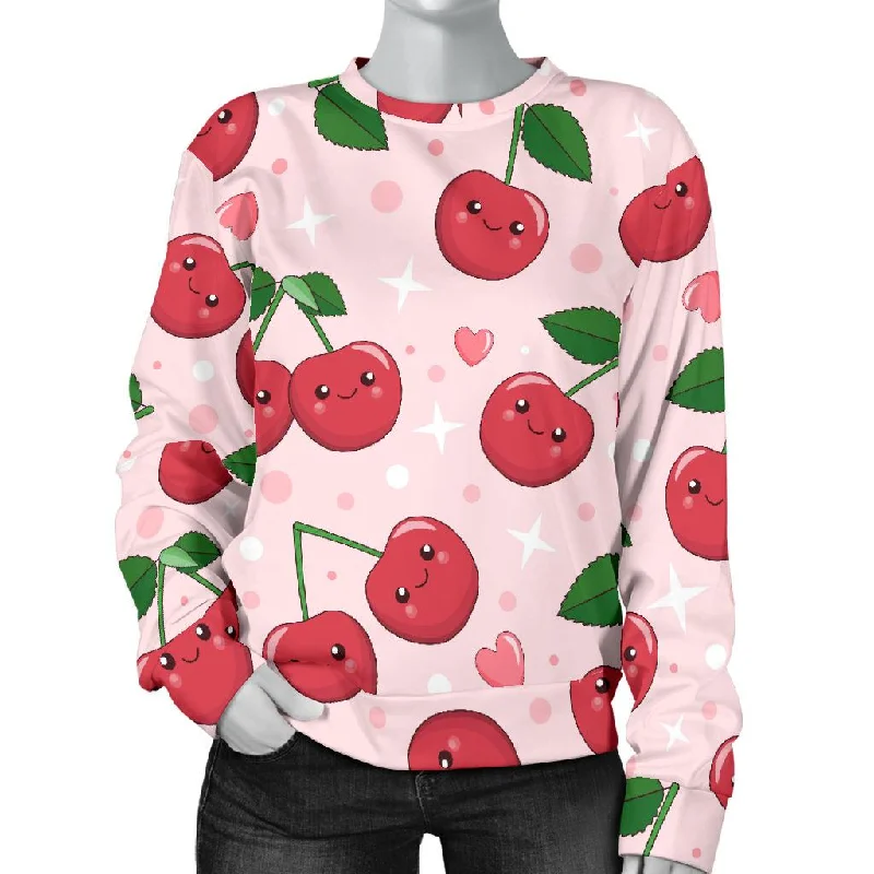Cherry Print Pattern Women's Sweatshirt Hoodie with Elastic Waist Stretchable Comfortable