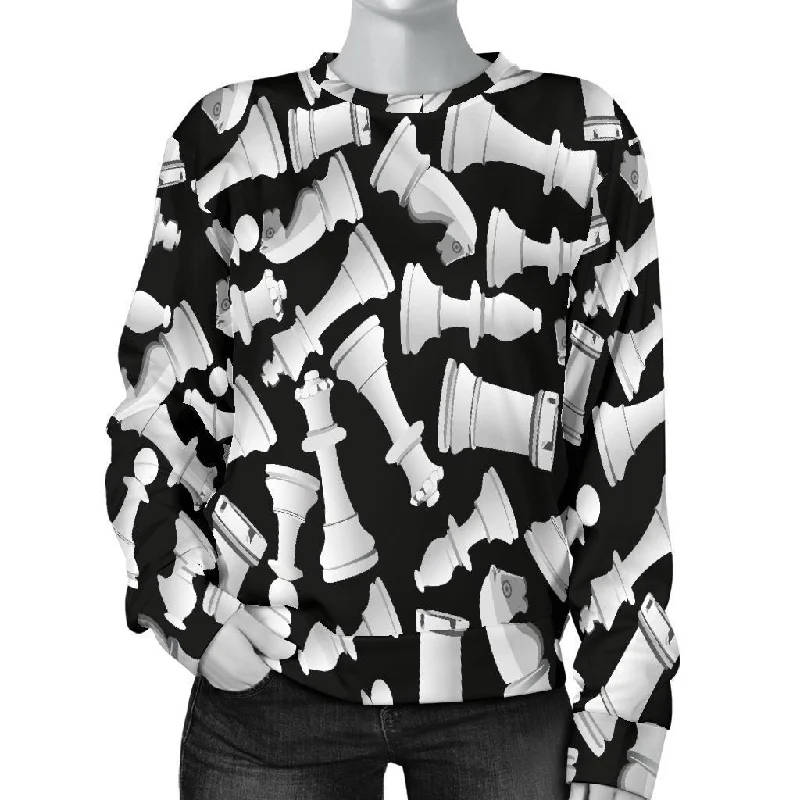 Chess Pattern Print Women's Sweatshirt Hoodie with Button Placket Classic Preppy