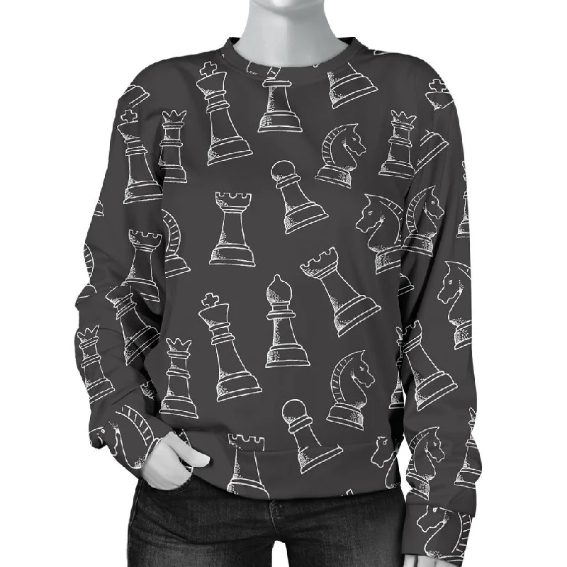 Chess Print Pattern Women's Sweatshirt Hoodie with Typography Text Message