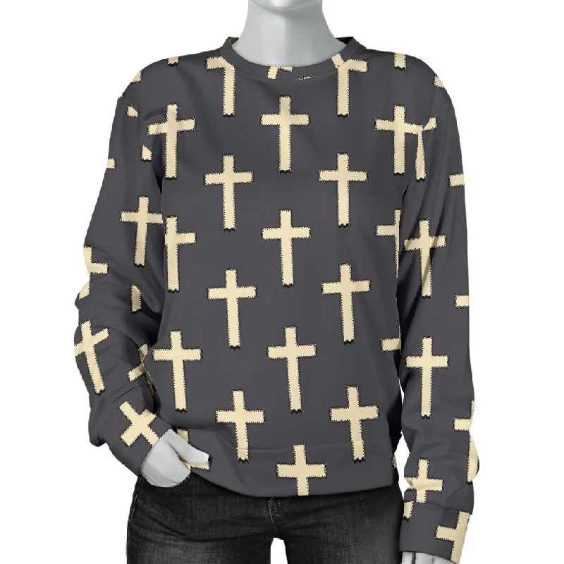 Christian Cross Pattern Print Women's Sweatshirt Hoodie with Batwing Sleeves Loose Dramatic