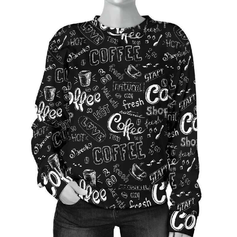 Coffee Black Pattern Print Women's Sweatshirt Hoodie with Embroidery Detailed Premium