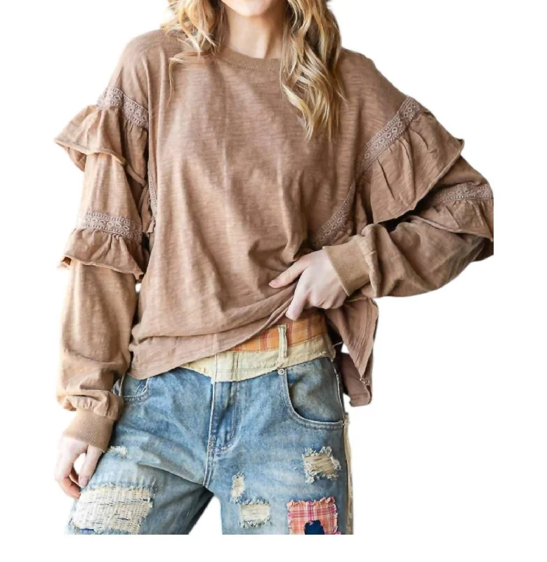 Cozy Ruffles Sweatshirt In Mocha Brown Hoodie with High-Low Hem Asymmetrical Trendy