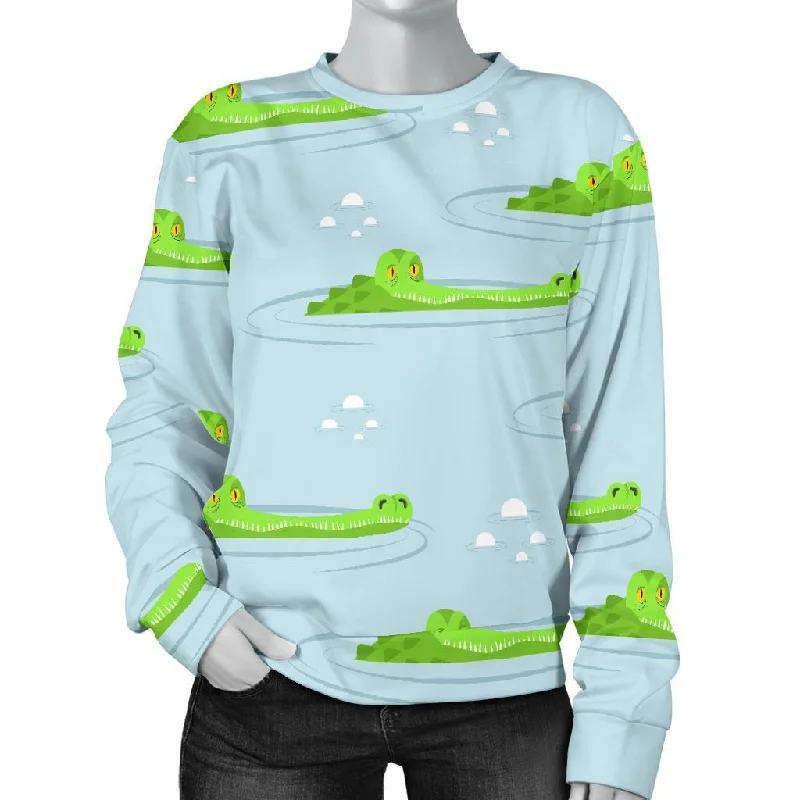 Crocodile Cartoon Print Pattern Women's Sweatshirt Hoodie with Ribbed Hem Stretchable Secure