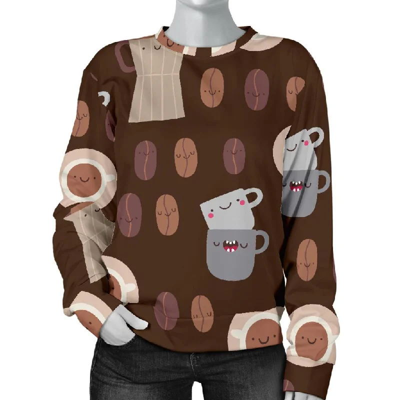 Cute Coffee Pattern Print Women's Sweatshirt Hoodie with Snap Buttons Easy Quick