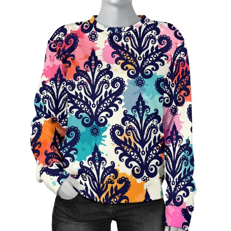 Damask Colorful Pattern Print Women's Sweatshirt Hoodie with Exposed Zipper Edgy Industrial