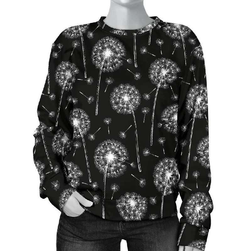 Dandelion Black Pattern Print Women's Sweatshirt Hoodie with Hem Frayed Vintage Worn