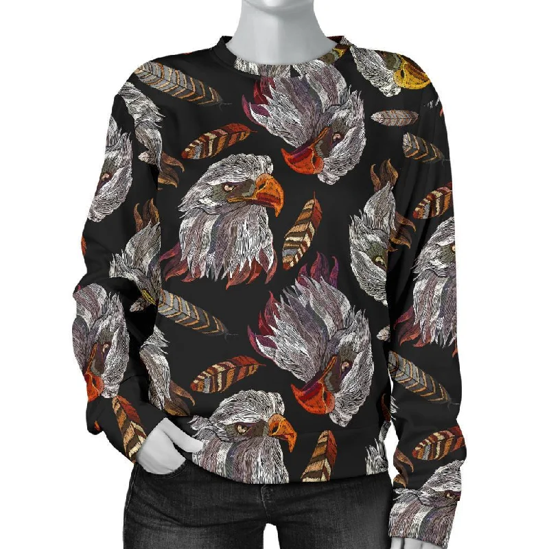 Eagle Pattern Print Women's Sweatshirt Hoodie with Hem Frayed Vintage Worn