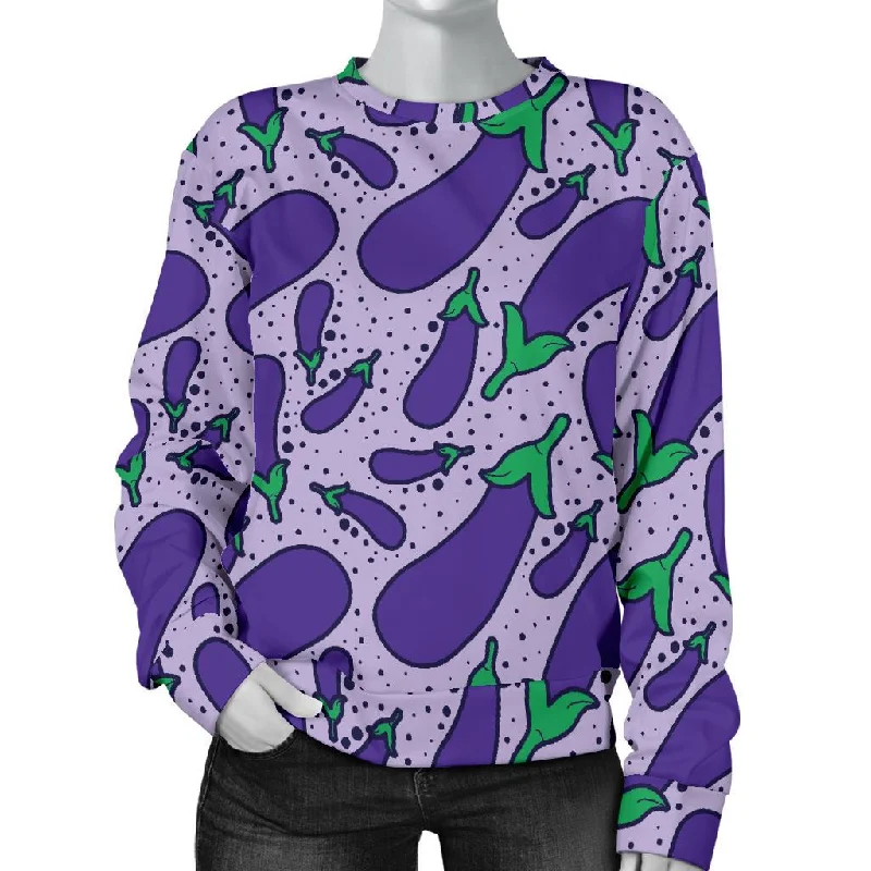 Eggplant Cute Print Pattern Women's Sweatshirt Hoodie with Raw Hem Edgy Unfinished