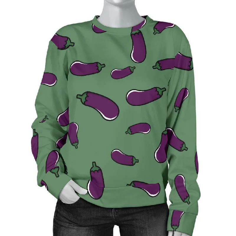 Eggplant Pattern Print Women's Sweatshirt Hoodie with Puffed Sleeves Voluminous Trendy