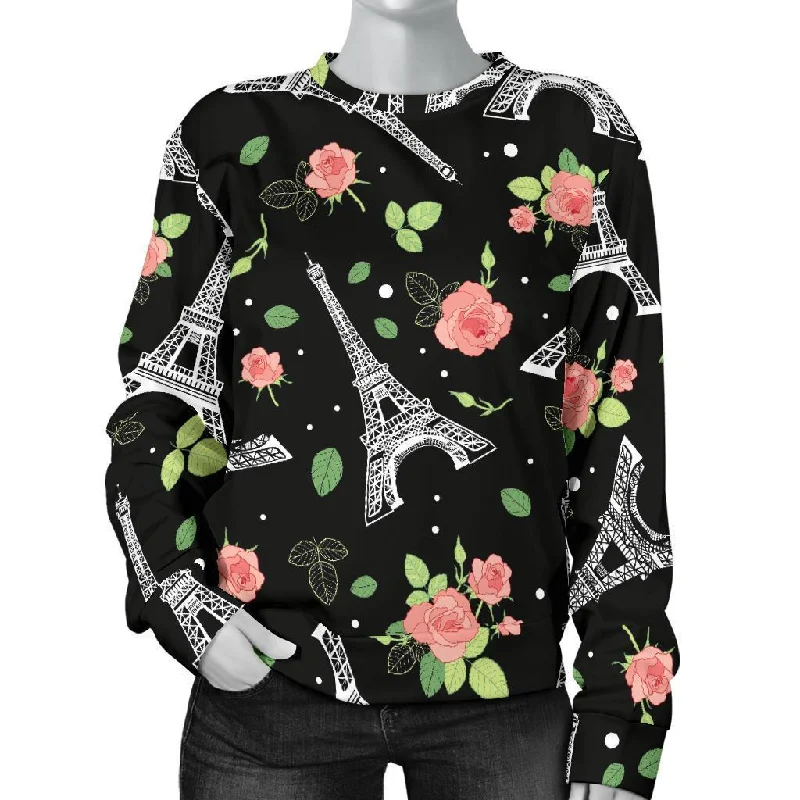 Eiffel Tower Floral Print Pattern Women's Sweatshirt Hoodie with Drop Shoulder Relaxed Streetwear