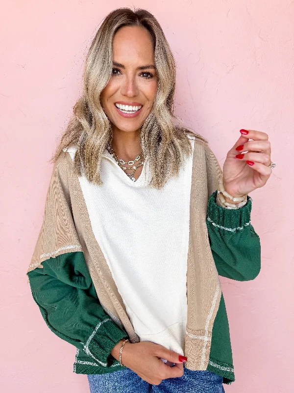 Stay On Course Color Block Henley Sweatshirt Hoodie with Belted Waist Structured Tailored