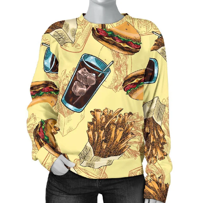 Fastfood Pattern Print Women's Sweatshirt Hoodie with Contrast Stitching Detailed Premium