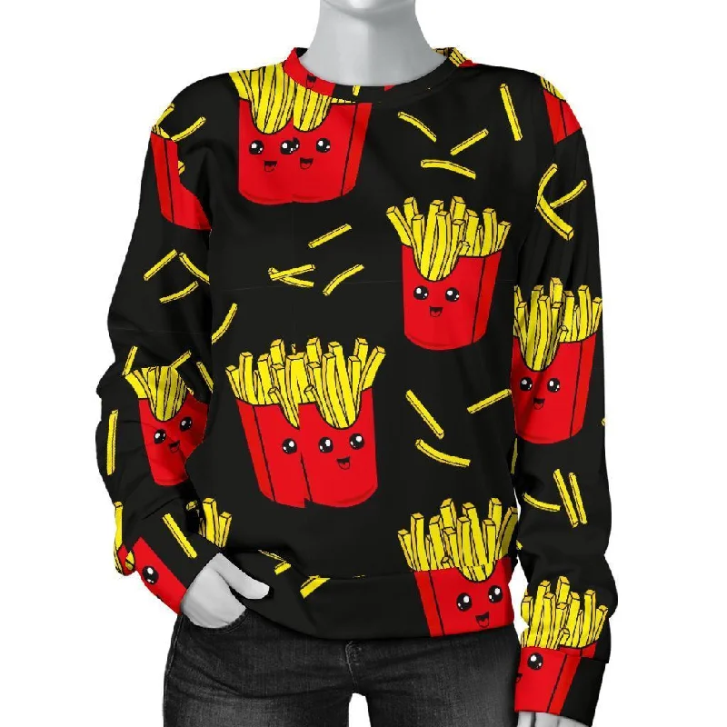 French Fries Cartoon Print Pattern Women's Sweatshirt Hoodie with Exposed Zipper Edgy Industrial