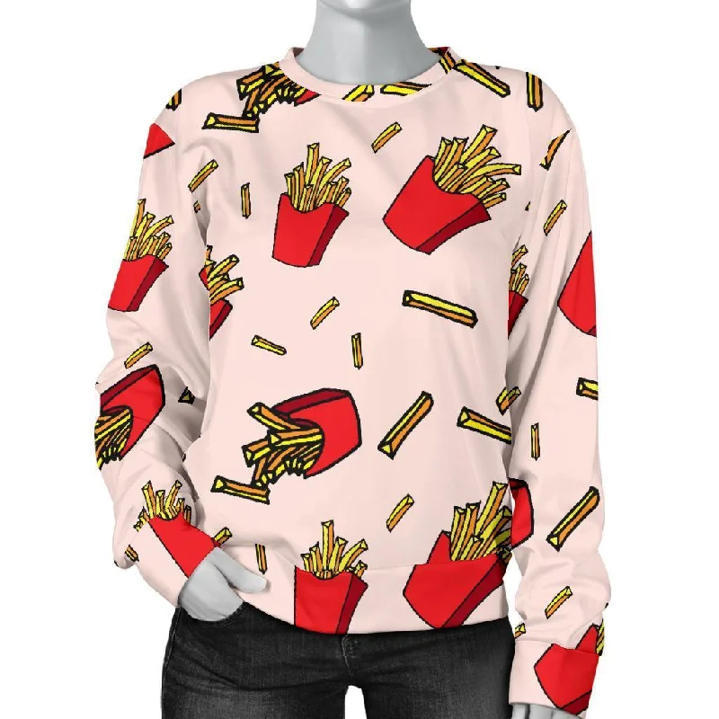 French Fries Pattern Print Women's Sweatshirt Hoodie with Zipper Placket Modern Functional