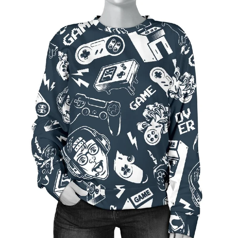 Gaming Pattern Print Women's Sweatshirt Hoodie with Frayed Bohemian Relaxed