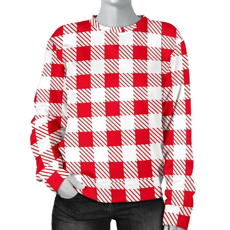 Gingham Red Pattern Print Women's Sweatshirt Hoodie with Drawcord Adjustable Secure