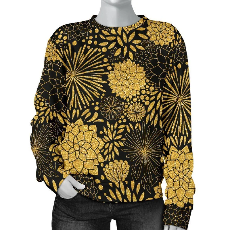 Gold Glitter Floral Pattern Print Women's Sweatshirt Hoodie with Pocket Utility Practical