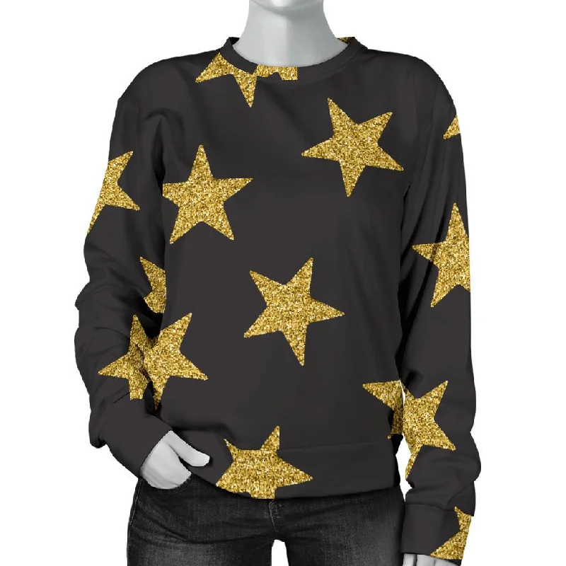 Gold Glitter Star Pattern Print Women's Sweatshirt Hoodie with Pattern Geometric Abstract