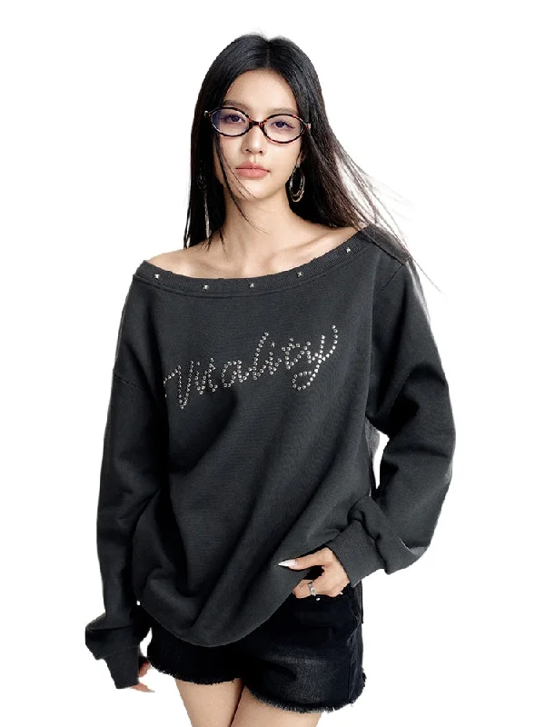 Gray Off-shoulder Studded Oversized Sweatshirt Hoodie with Metallic Shiny Futuristic