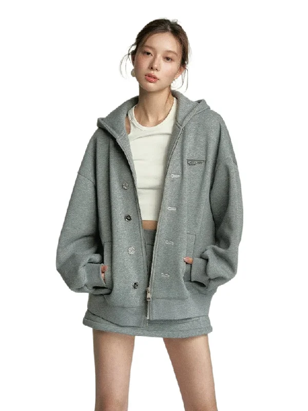 Grey Button-Up Hooded Sweatshirt Graphic Hoodie Design Print