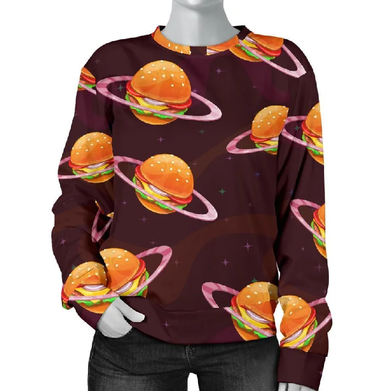 Hamburger Planet Pattern Print Women's Sweatshirt Hoodie with Raw Hem Edgy Unfinished