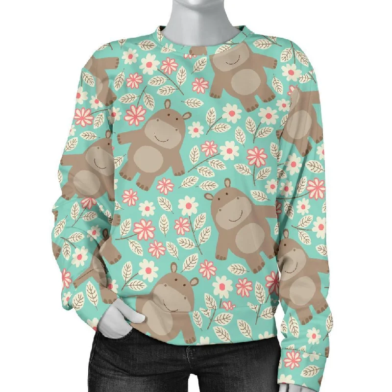 Hippo Floral Pattern Print Women's Sweatshirt Hoodie with Drawstring Waist Adjustable Fitted