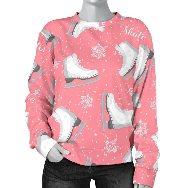 Ice Skate Pink Pattern Print Women's Sweatshirt Hoodie with Zipper Placket Modern Functional